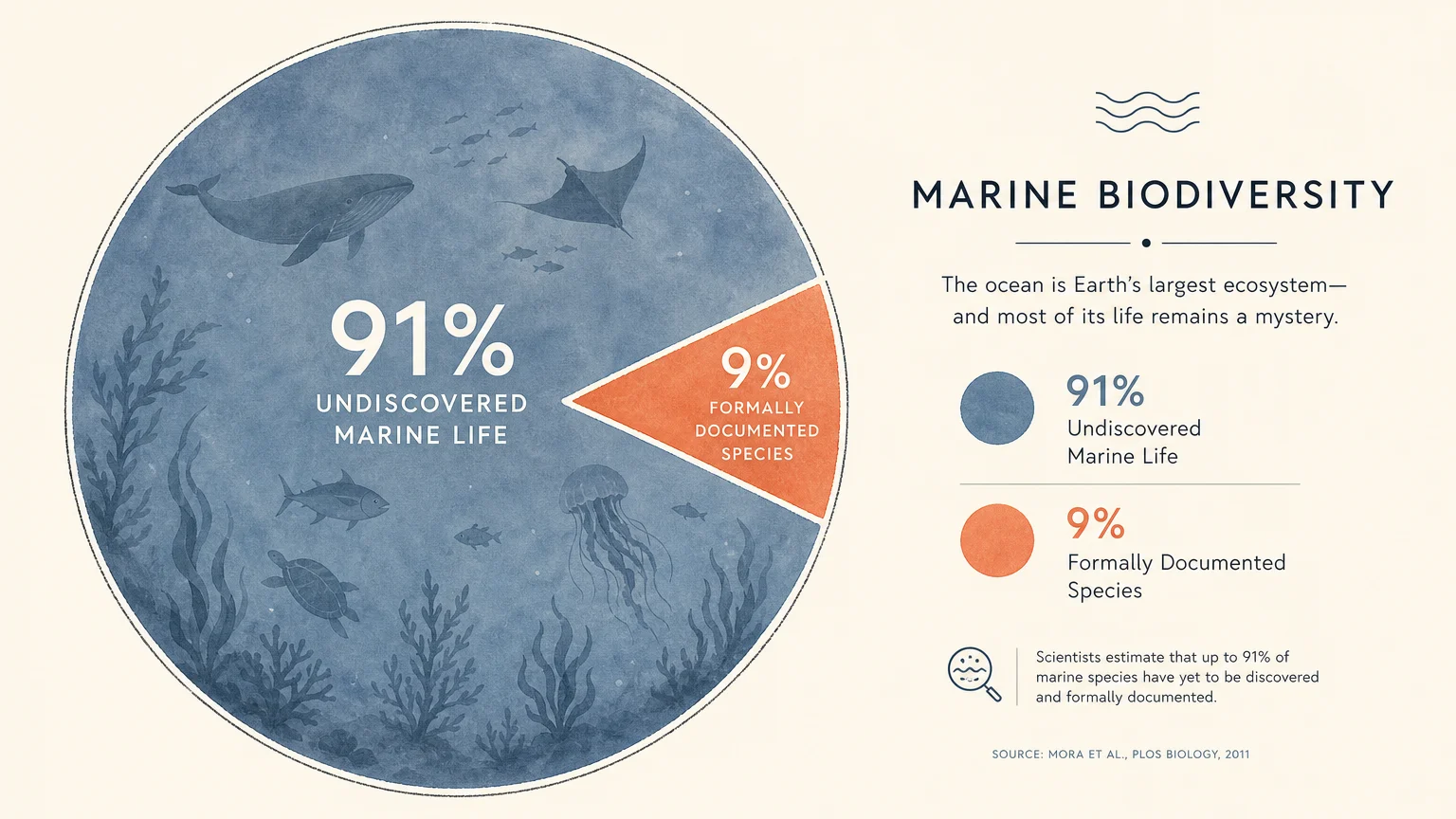 An elegant circular chart infographic showing that 91% of marine life remains undiscovered, while only 9% is documented.