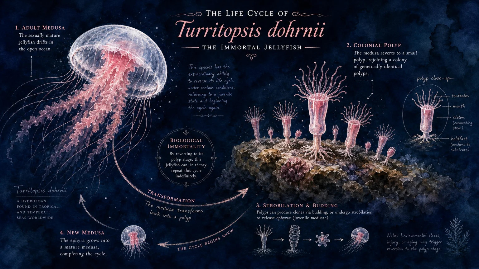 An elegant watercolor diagram showing the life cycle of the immortal jellyfish reverting from adult form back to polyp form.