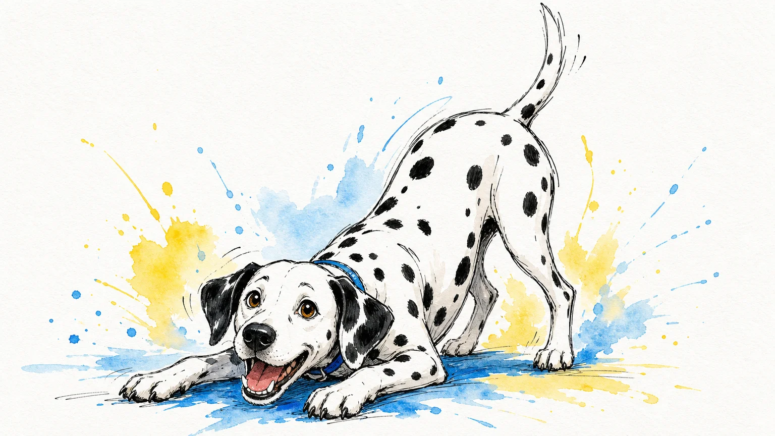 An expressive watercolor and ink illustration of a Dalmatian in a classic play bow, signaling an invitation to play.