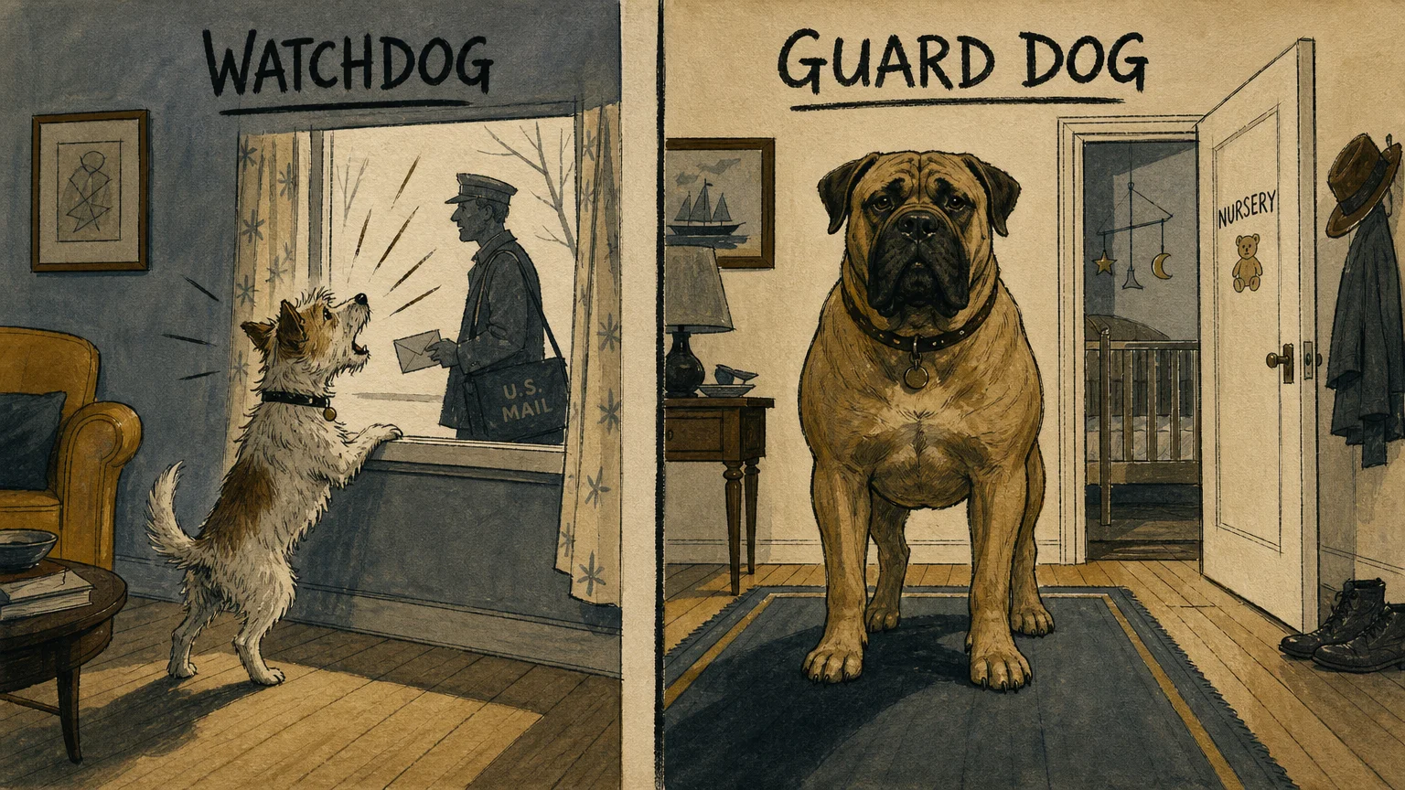 An illustration comparing a small barking watchdog at a window to a large, stoic guard dog protecting a hallway.