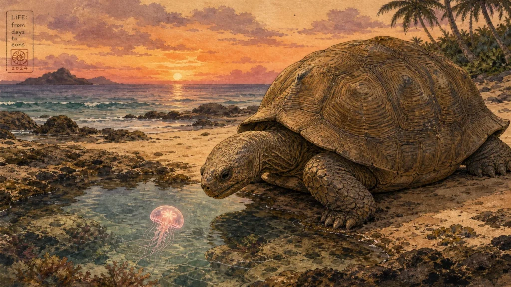 An illustration of a giant tortoise on a beach looking at a tiny glowing jellyfish in a tidal pool under a warm twilight sky.