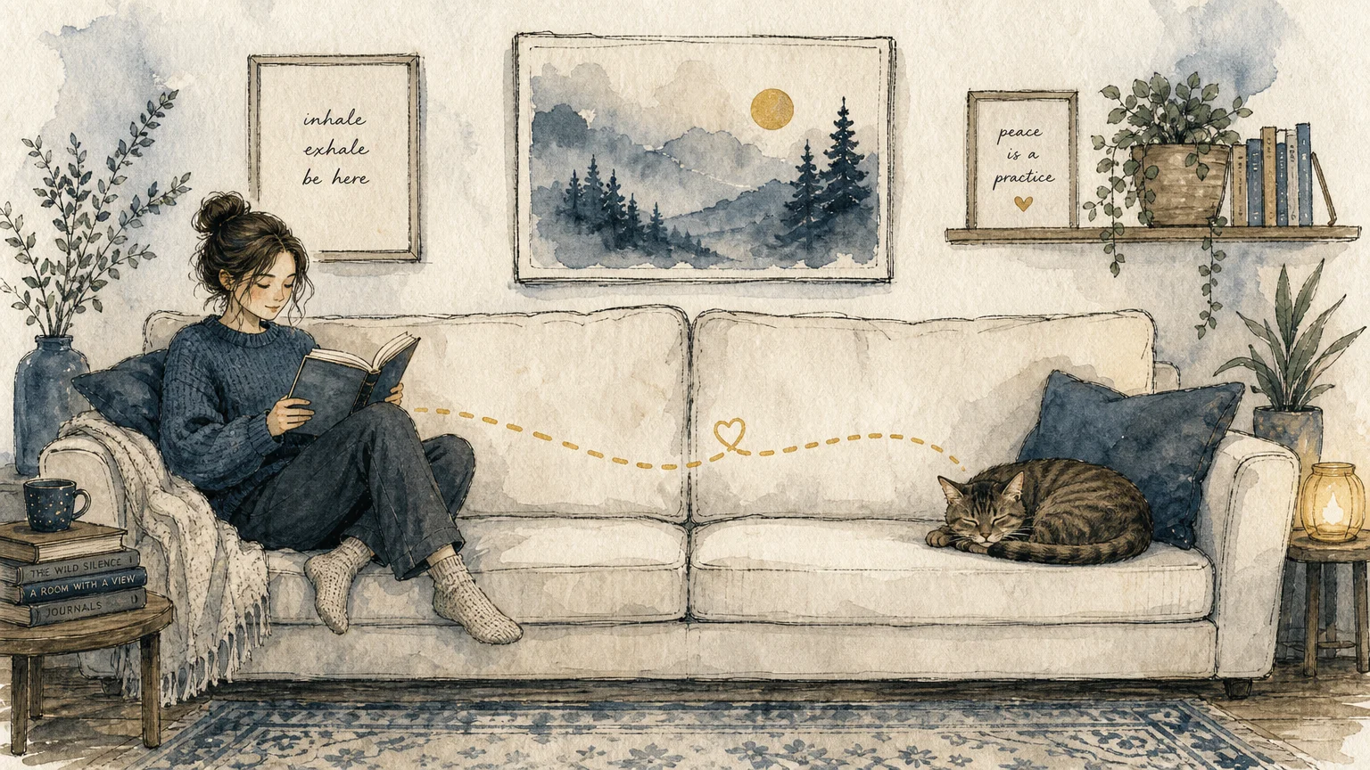 An illustration of a person reading and a cat sleeping on opposite ends of a sofa, connected by a gentle golden line.