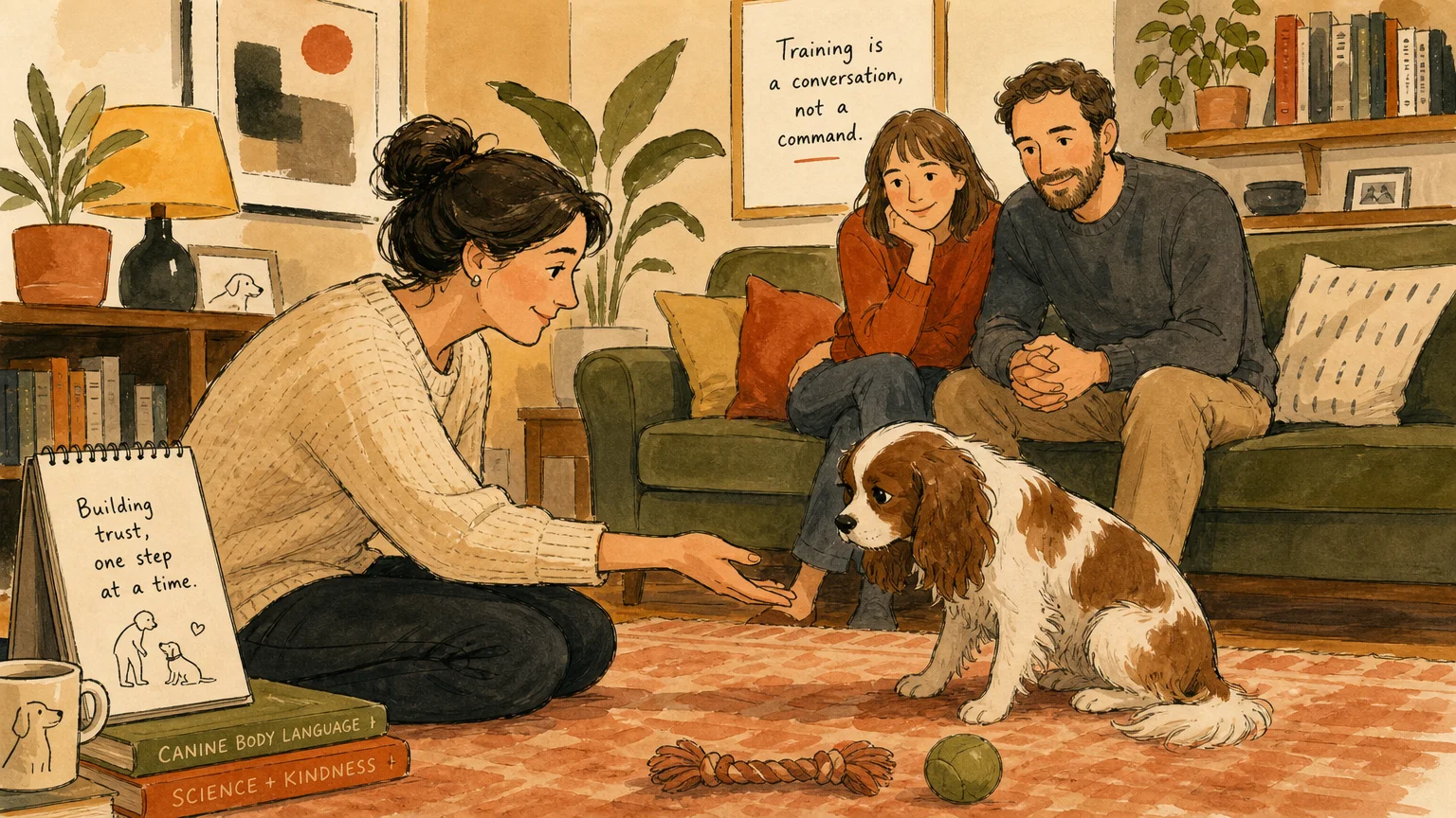 An illustration of a professional dog behaviorist working with a spaniel on a rug, as the owners look on from the couch.