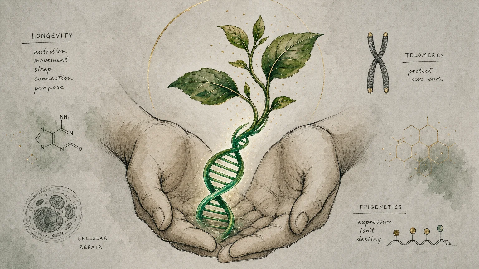 An illustration of human hands holding a glowing green DNA strand that transitions into a leafy plant sprout.