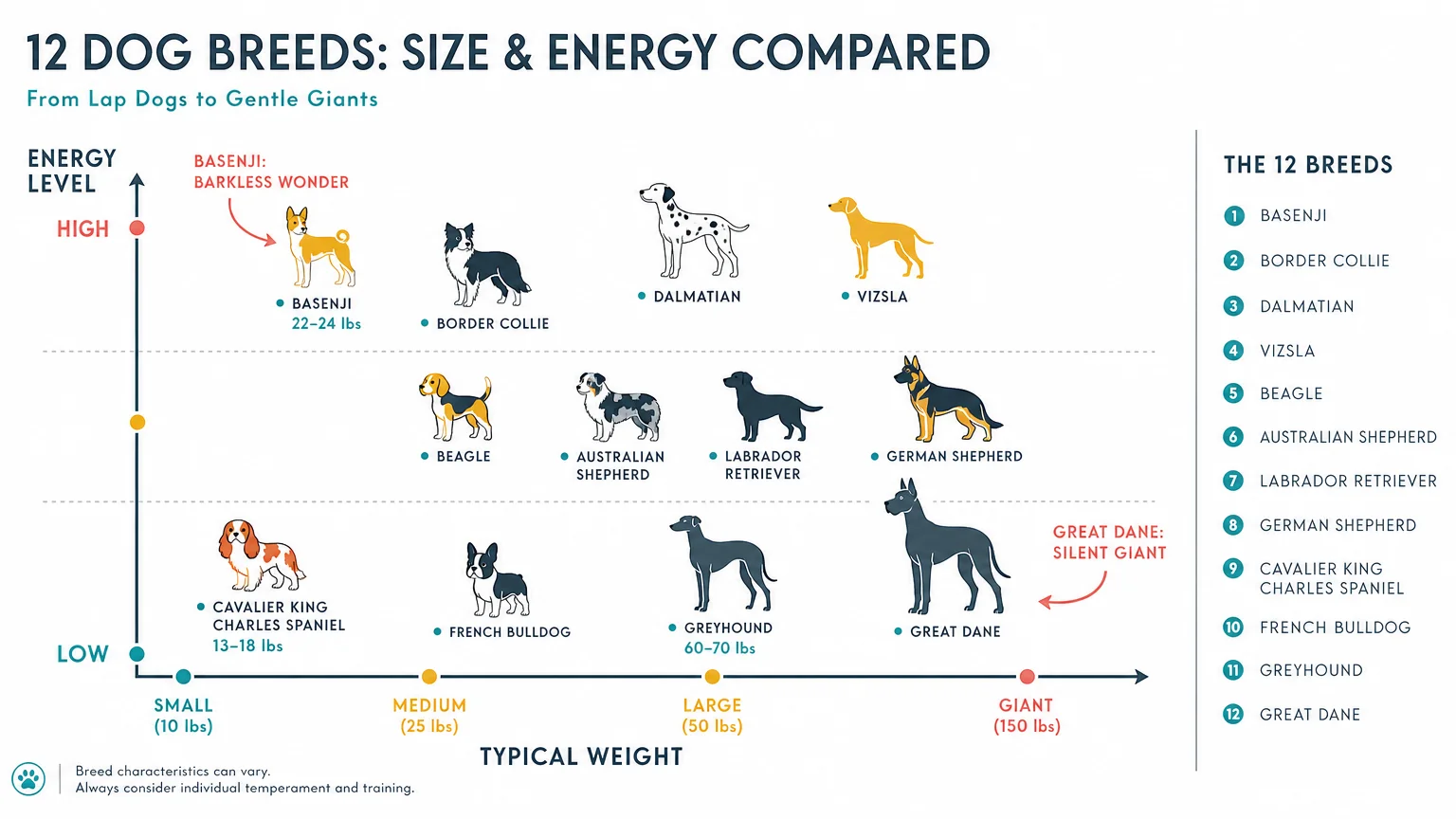 An infographic chart comparing the weight and energy levels of the 12 quiet dog breeds mentioned in the article.