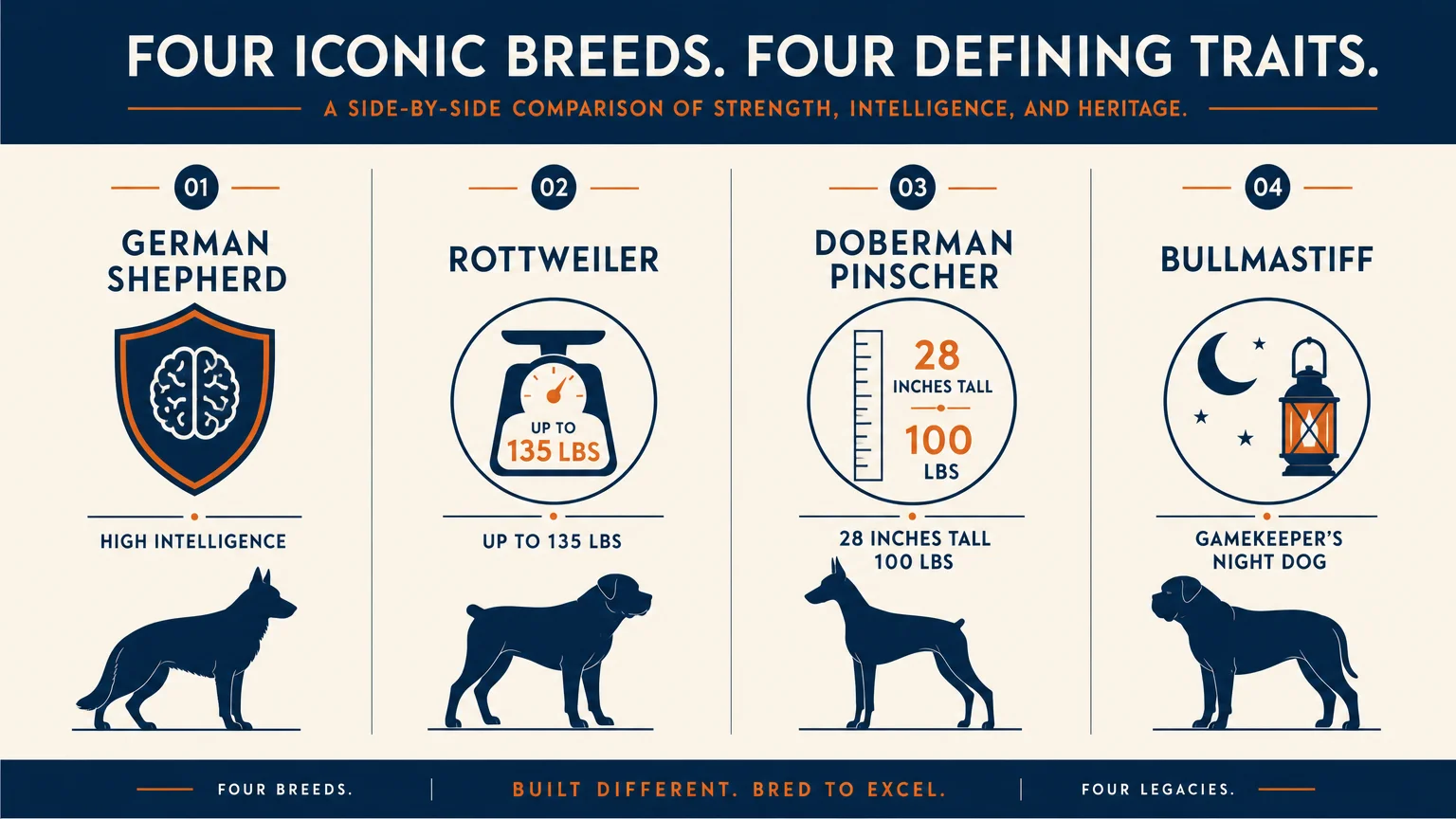 An infographic comparing the German Shepherd, Rottweiler, Doberman, and Bullmastiff using specific weights and traits.