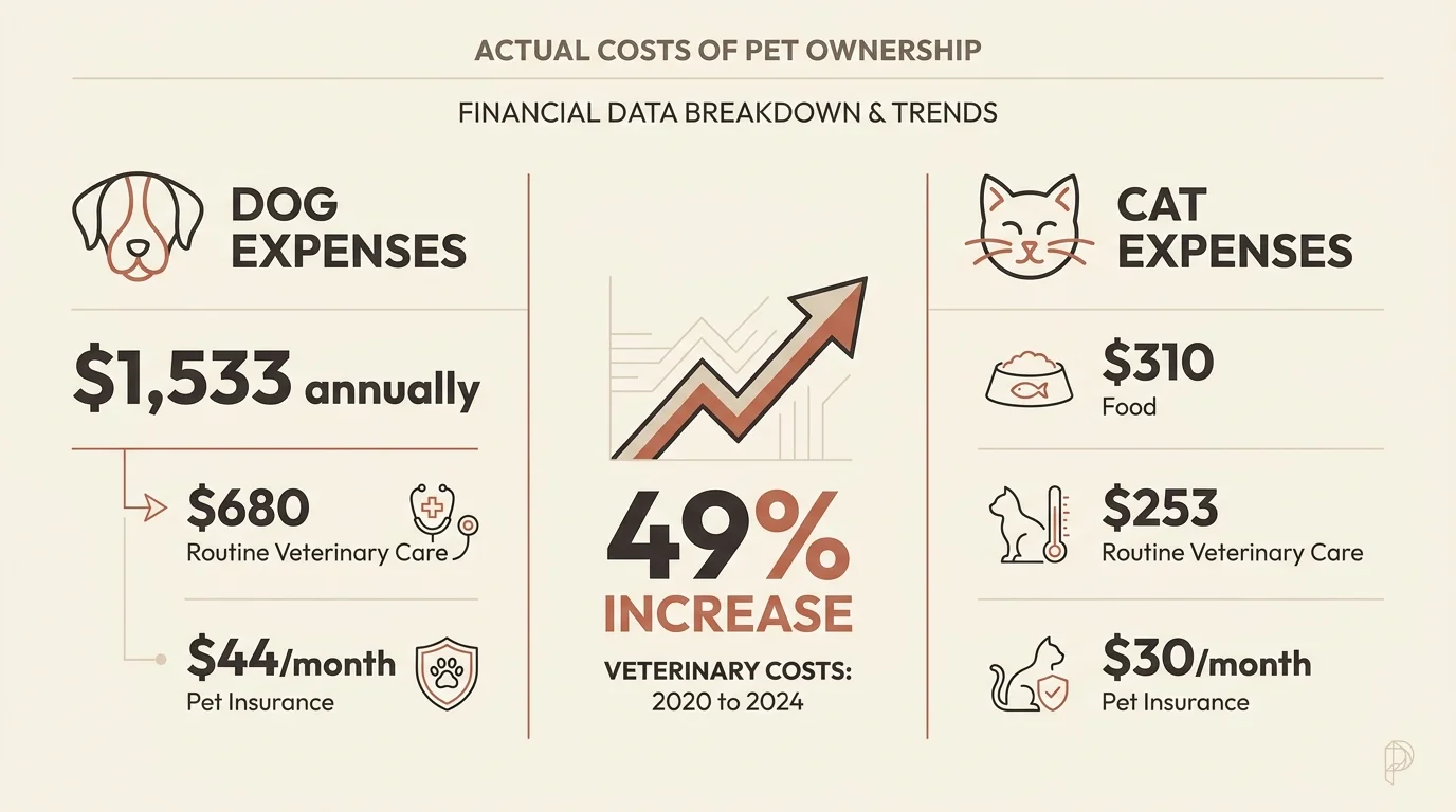 An infographic detailing the annual costs of pets, showing $1,533 for dogs and breakdowns for cats, including food, veterinary care, and ins