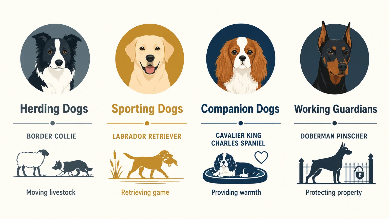 An infographic showing four dog groups, their representative breeds, and their original historical purposes.