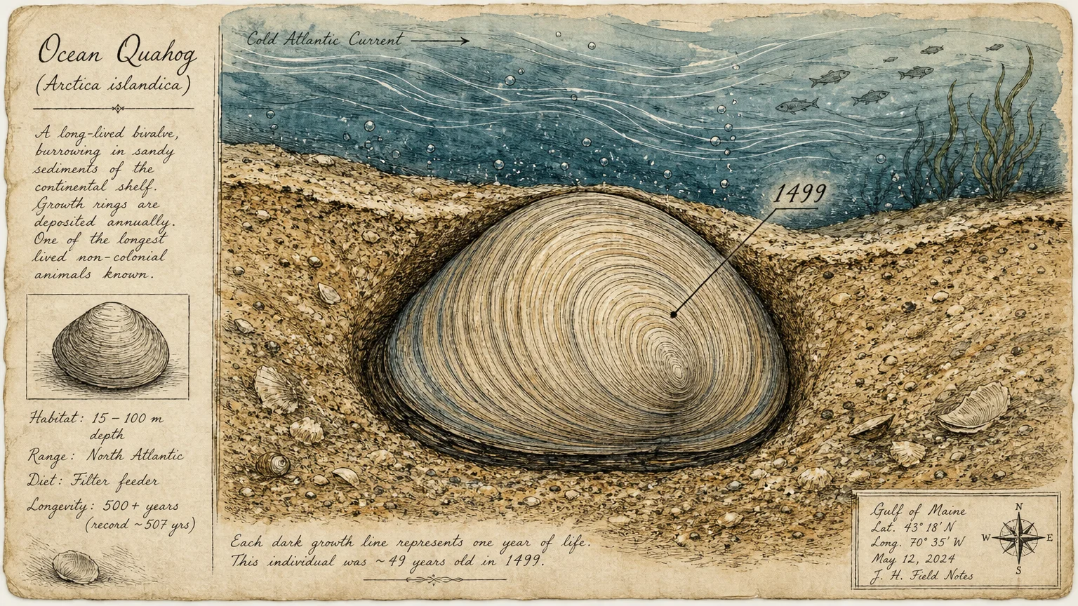 An ink and watercolor illustration of a clam buried in the sandy sea floor with detailed growth rings labeled with the year 1499.
