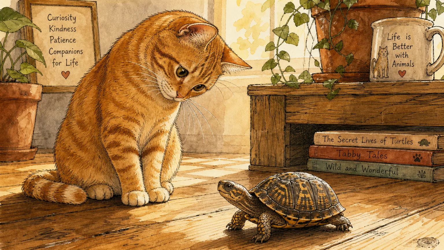 An ink and watercolor illustration of a curious ginger cat watching a small turtle crawl across a wooden floor.