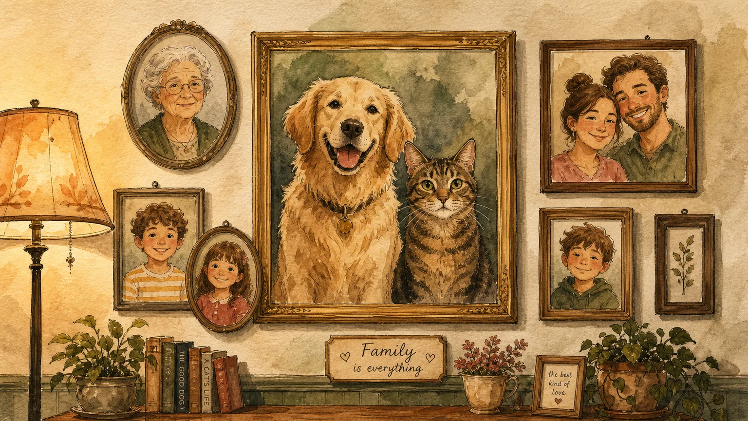 An ink and watercolor illustration of a gallery wall where the central, largest framed portrait features a happy cat and dog side-by-side.