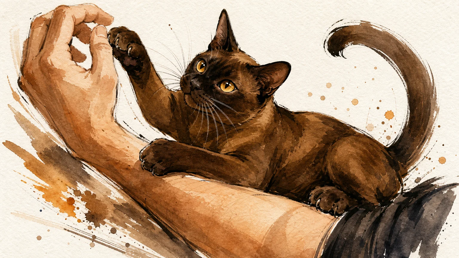 An ink and watercolor illustration of a sleek sable Burmese cat clinging playfully to a person's arm.