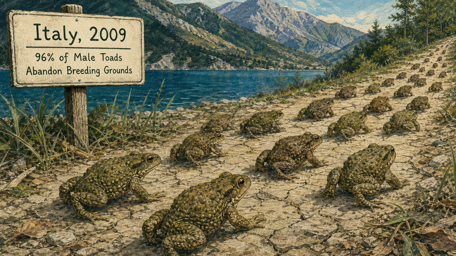 An organic gouache illustration of dozens of toads migrating away from a mountain lake in Italy.