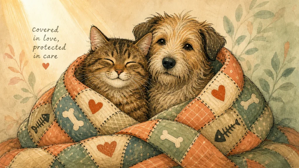 Charming illustration of a cat and dog wrapped cozy in a patchwork quilt.