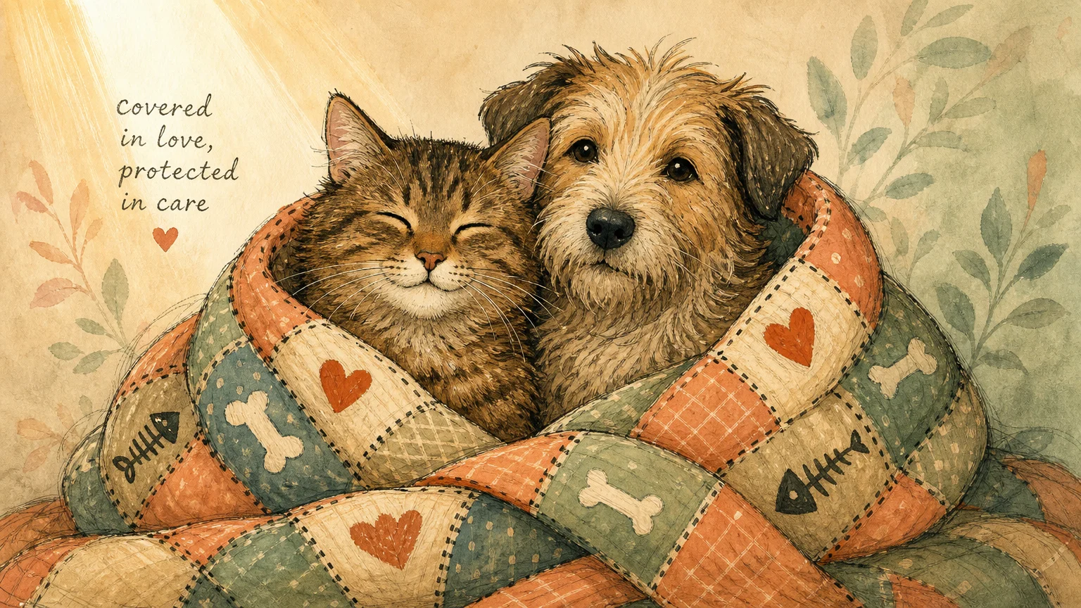 Charming illustration of a cat and dog wrapped cozy in a patchwork quilt.