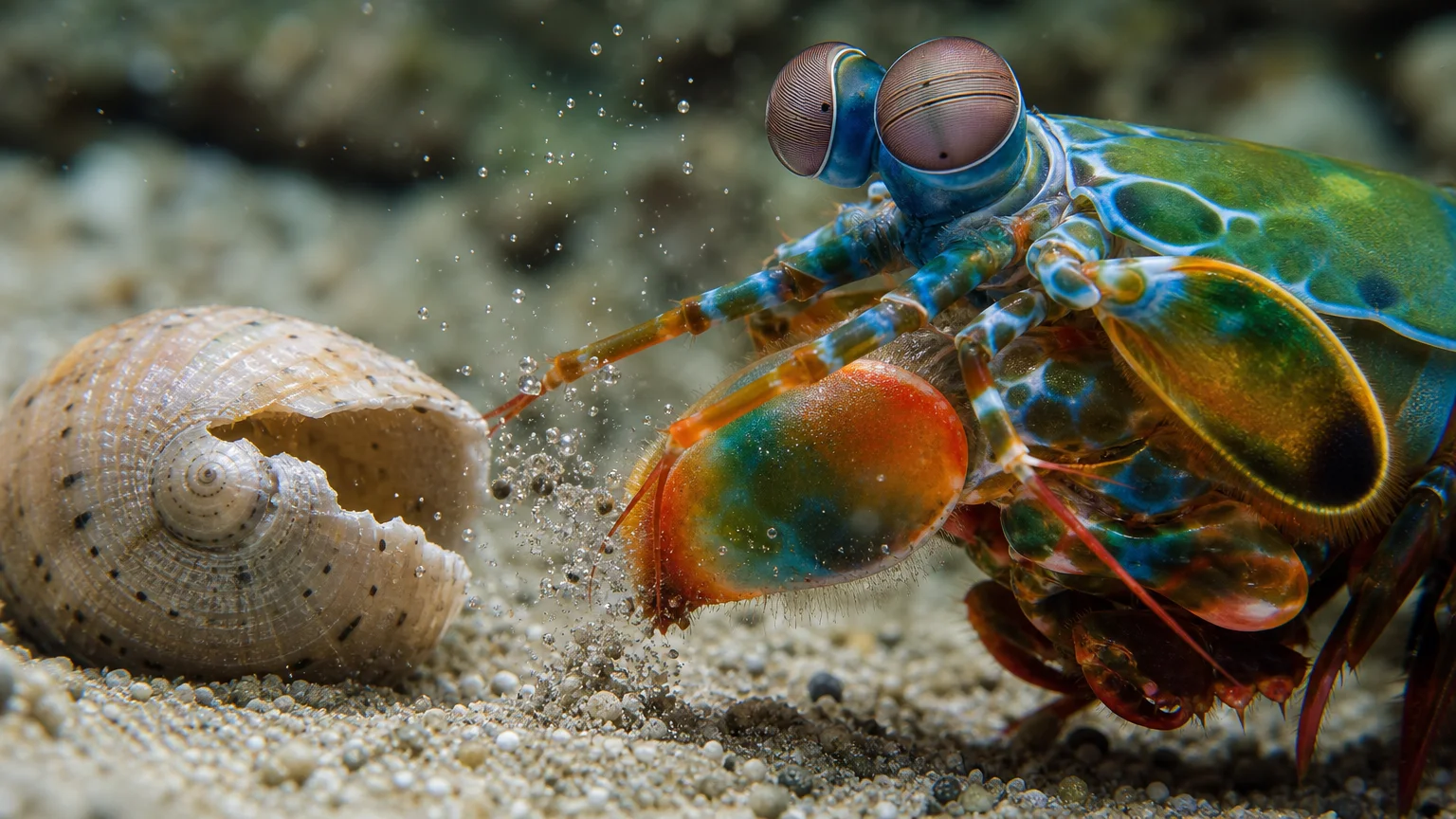 Close-up macro photo of a colorful peacock mantis shrimp underwater next to a cracked snail shell and tiny bubbles.