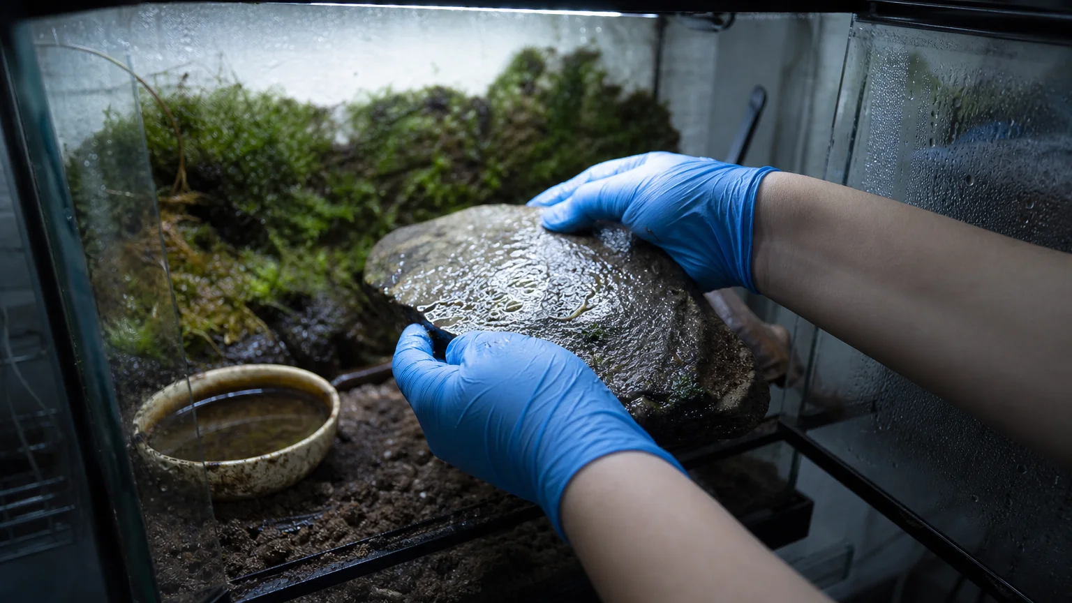 Close-up of gloved hands cleaning a reptile tank, lifting a heat rock.
