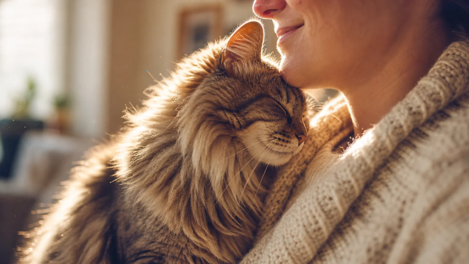 Close-up photo of a cat gently bunting its forehead against a person's chin in a cozy home.