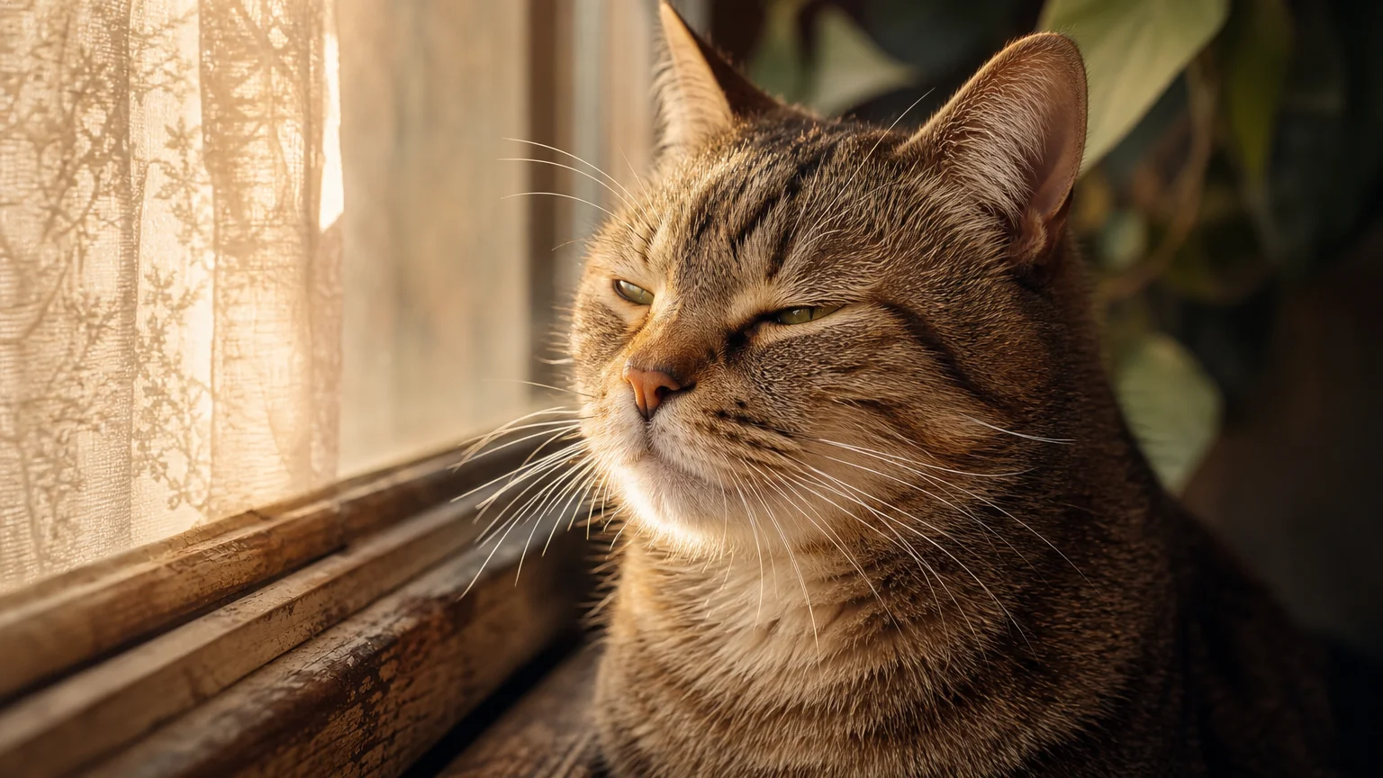 Close-up photo of a cat with eyes half-closed in a relaxed slow blink on a sunny windowsill.