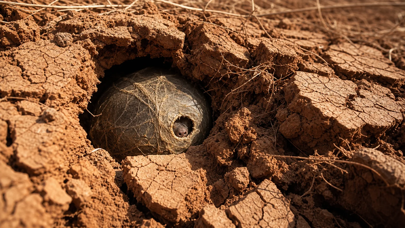 Close-up photo of a dry, cracked mud cross-section showing a lungfish curled up inside a papery cocoon underground.