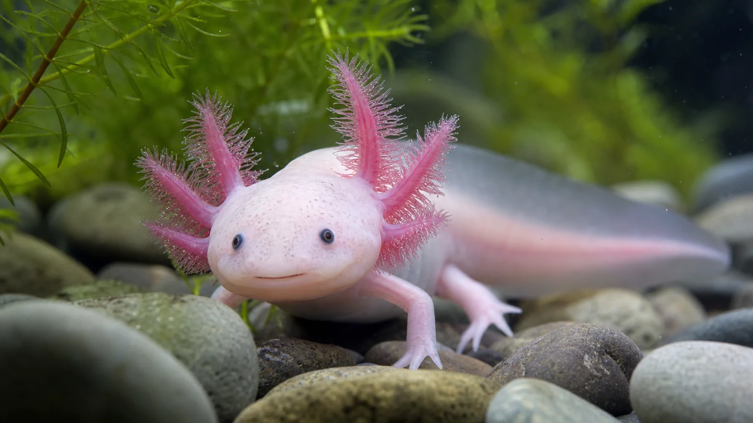 Close-up photo of a pink axolotl smiling in clear water, highlighting its feathery pink gills and delicate skin.