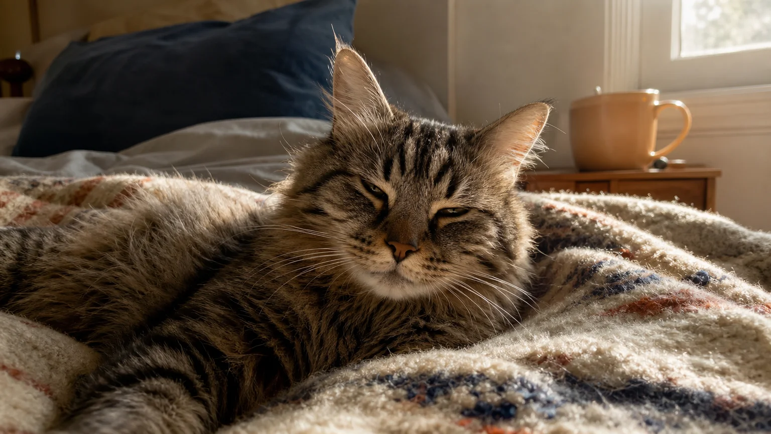 Close-up photo of a relaxed tabby cat on a bed, half-closing its eyes in a slow blink.