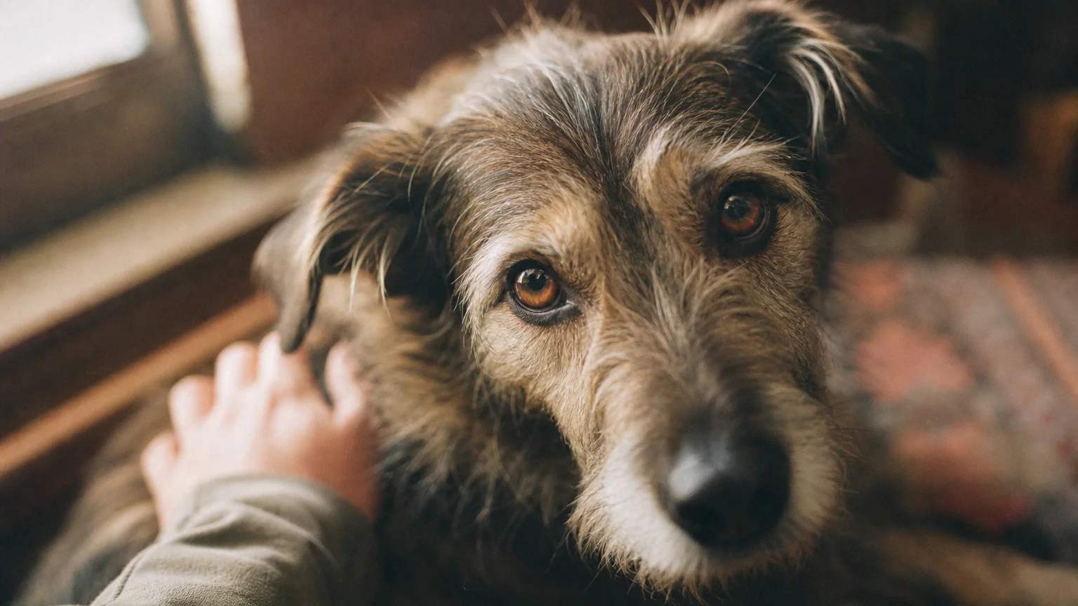 Close-up photograph of a small scruffy dog looking up with soft, trusting eyes, shot on warm 35mm film.
