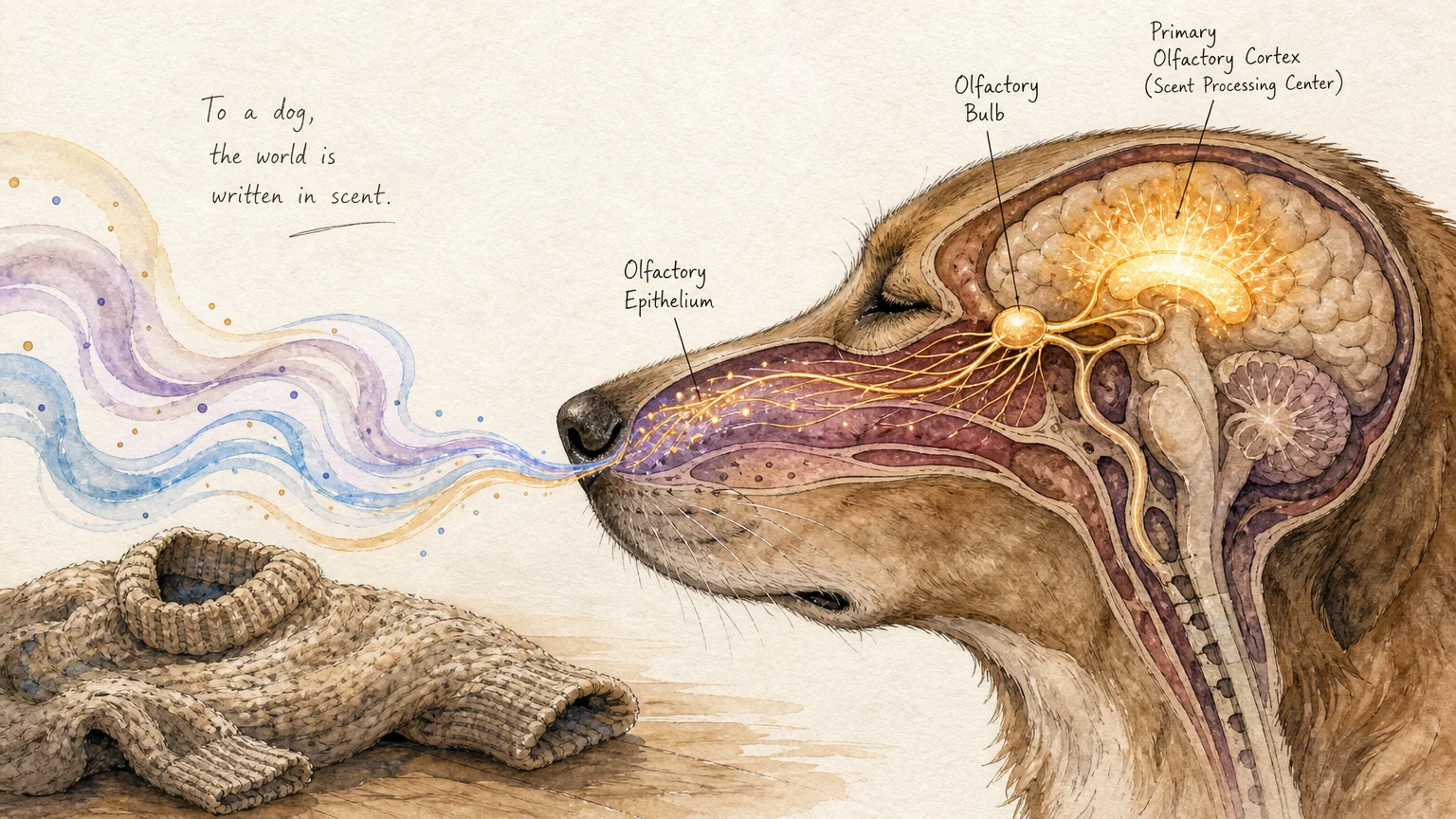Conceptual watercolor illustration of a dog smelling its owner's sweater, showing the scent pathway lighting up its brain.
