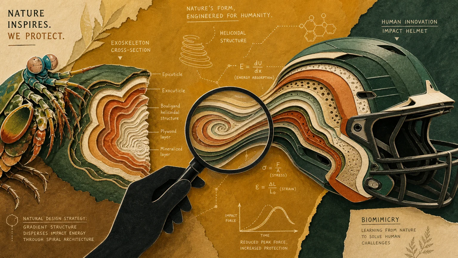 Gouache collage showing a mantis shrimp shell transitioning into a high-tech protective helmet, representing biomimicry.