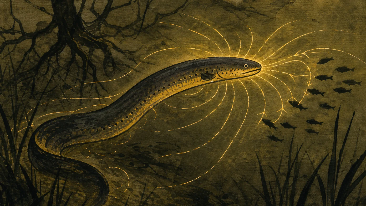 Gouache illustration of a dark electric eel swimming in murky green water, surrounded by glowing golden lines representing electricity.