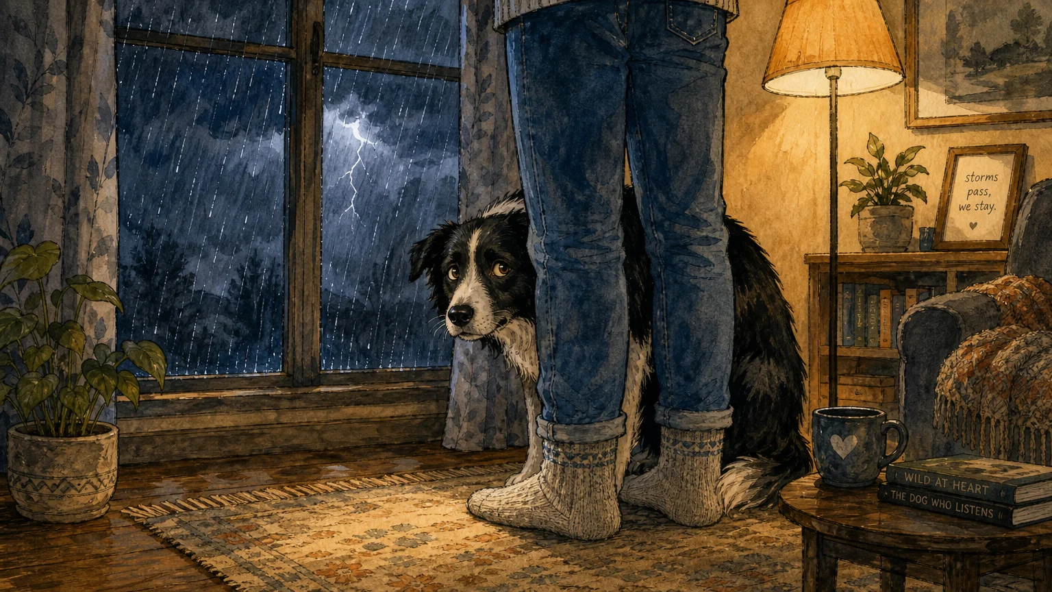 Gouache illustration of a dog sheltering behind its owner's legs inside a warm room during a rainstorm.