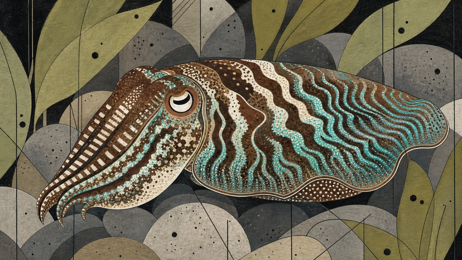 Graphic gouache illustration of a cuttlefish with bold brown, cream, and teal patterns camouflaged against geometric kelp.
