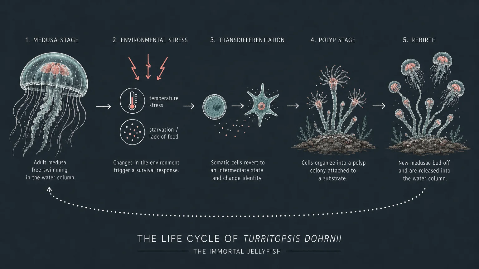 Horizontal diagram showing the reverse lifecycle of the immortal jellyfish from medusa, to stress, to polyp, and back to medusa.