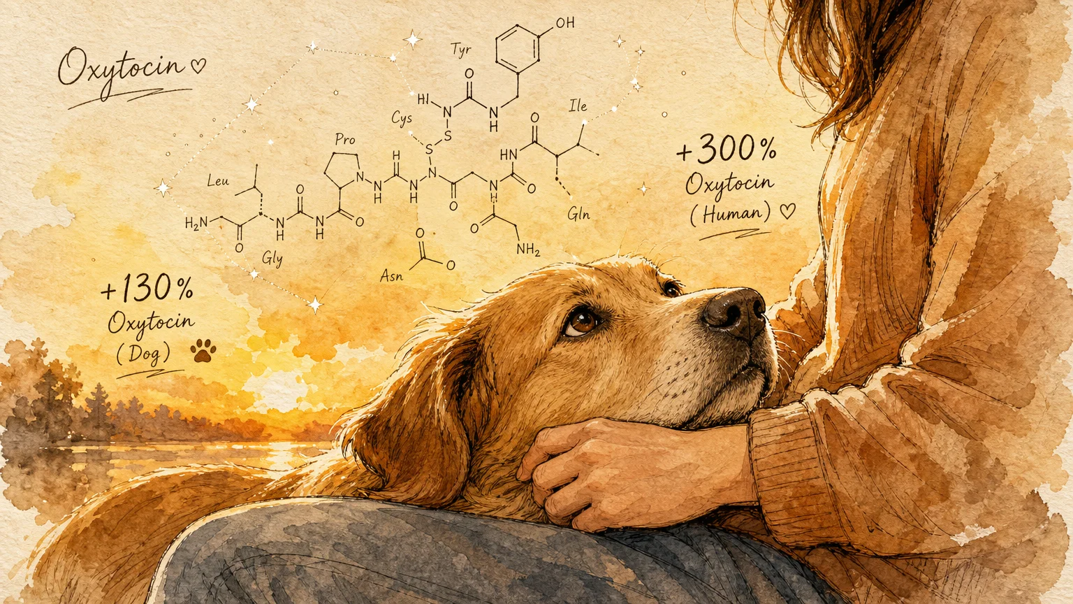 Illustration of a dog looking up at its owner, with annotations showing the rise in oxytocin levels for both.