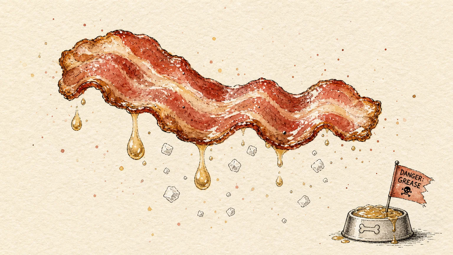 Ink and watercolor illustration of a bacon strip dripping with salt crystals and grease, symbolizing dietary dangers for dogs.