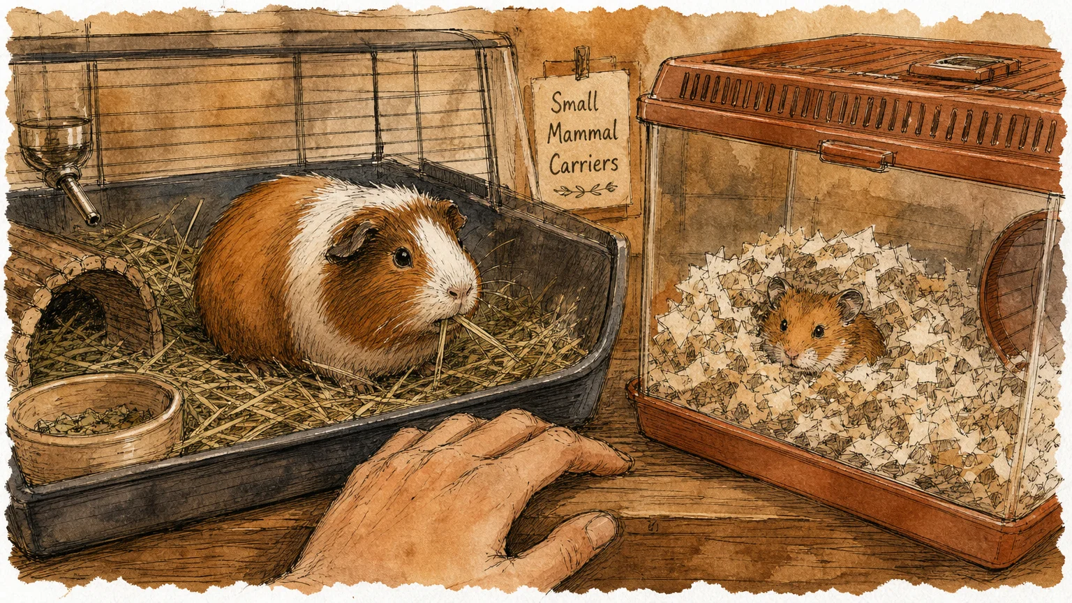 Ink and watercolor sketch of a guinea pig and a hamster in a cozy indoor setting with hand-lettered labels.