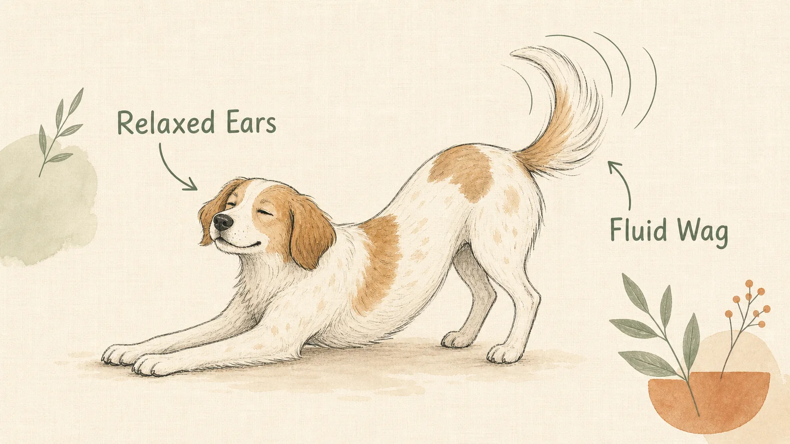 Minimalist gouache illustration highlighting a dog's relaxed body language cues, like floppy ears and a loose tail wag.
