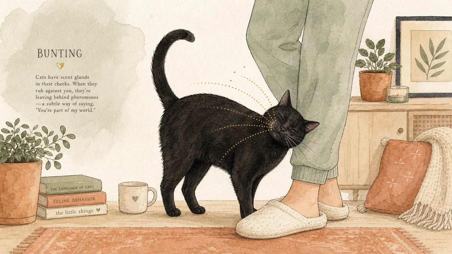 Minimalist illustration of a cat rubbing its face against a human ankle, with subtle gold lines showing pheromones.