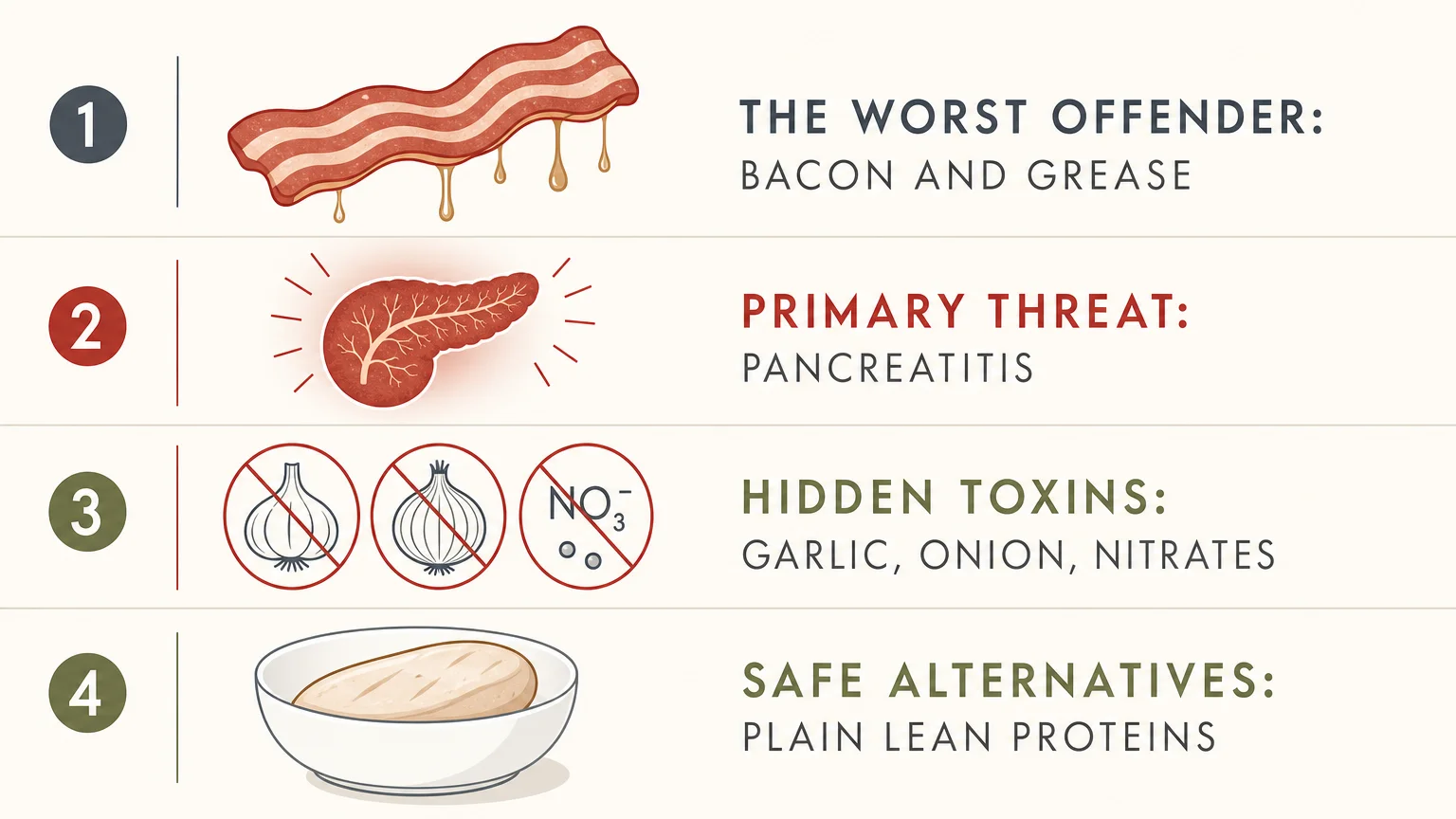 Minimalist infographic showing four key dog safety facts: bacon grease danger, pancreatitis threat, toxic seasonings, and safe alternatives.