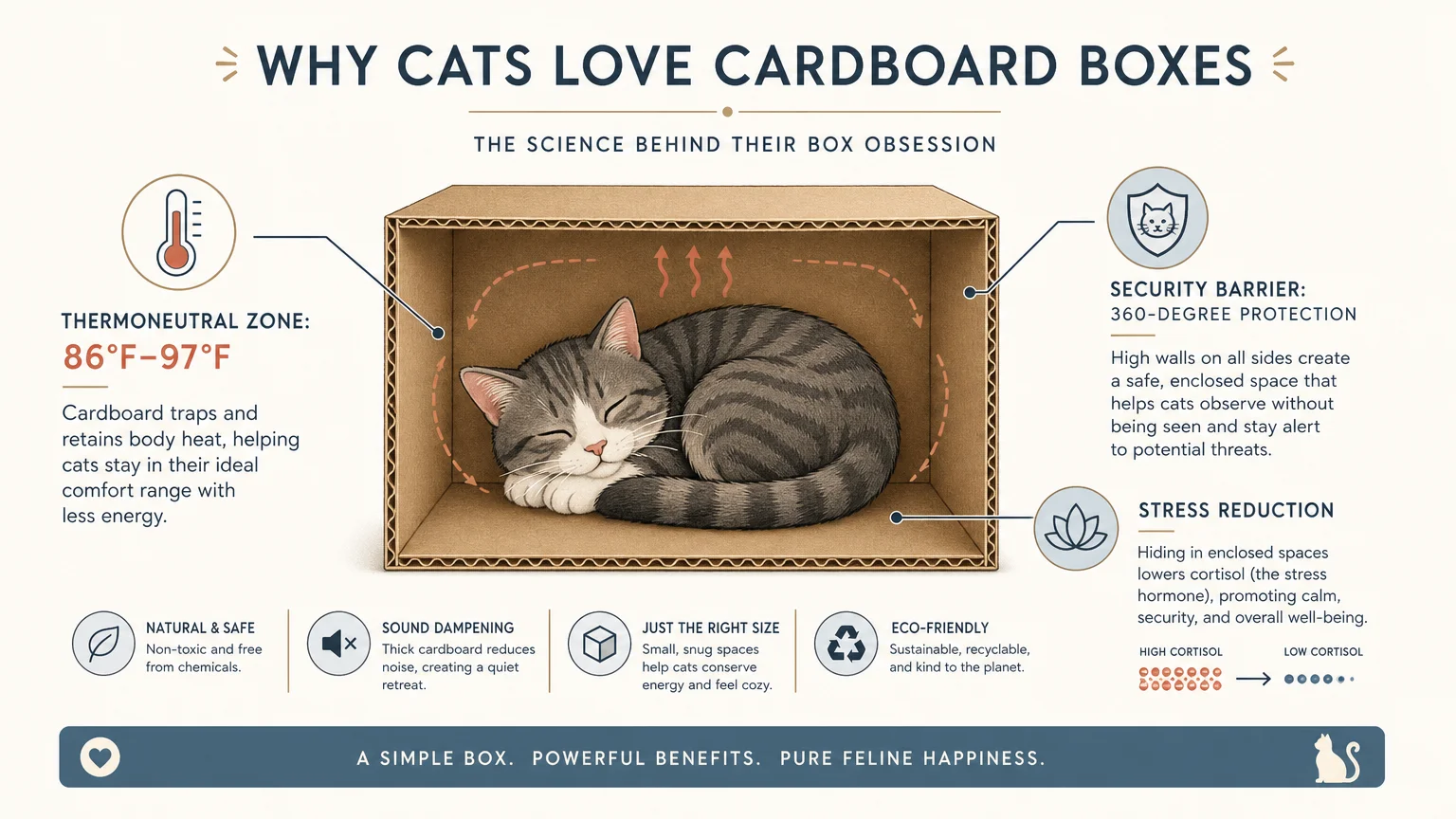 Minimalist science diagram explaining why cats love cardboard boxes, highlighting insulation and security.