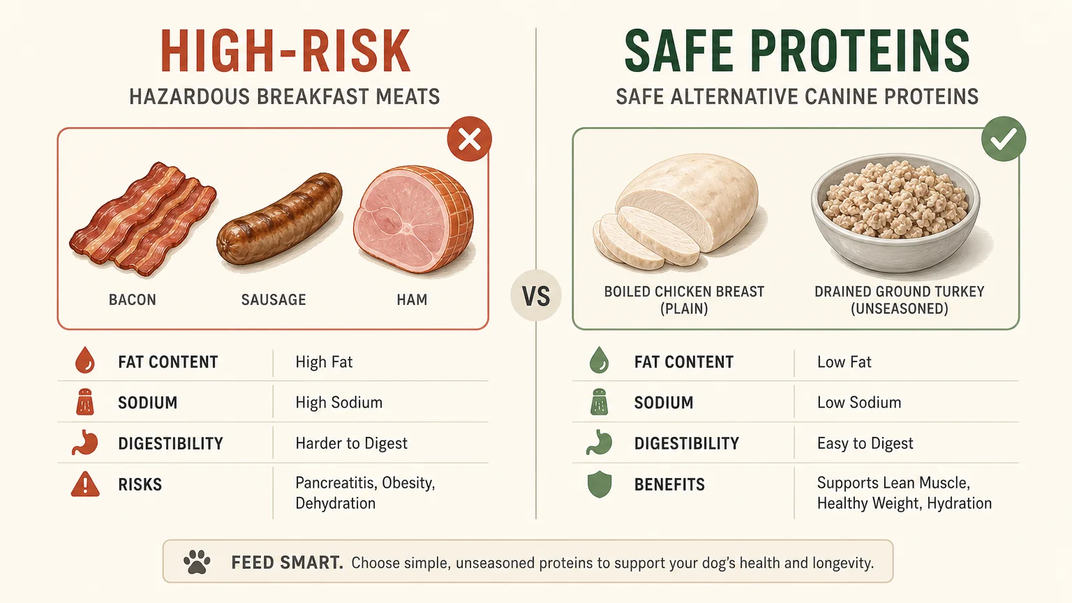Side-by-side comparison diagram showing high-risk meats like bacon versus safe canine proteins like boiled chicken.