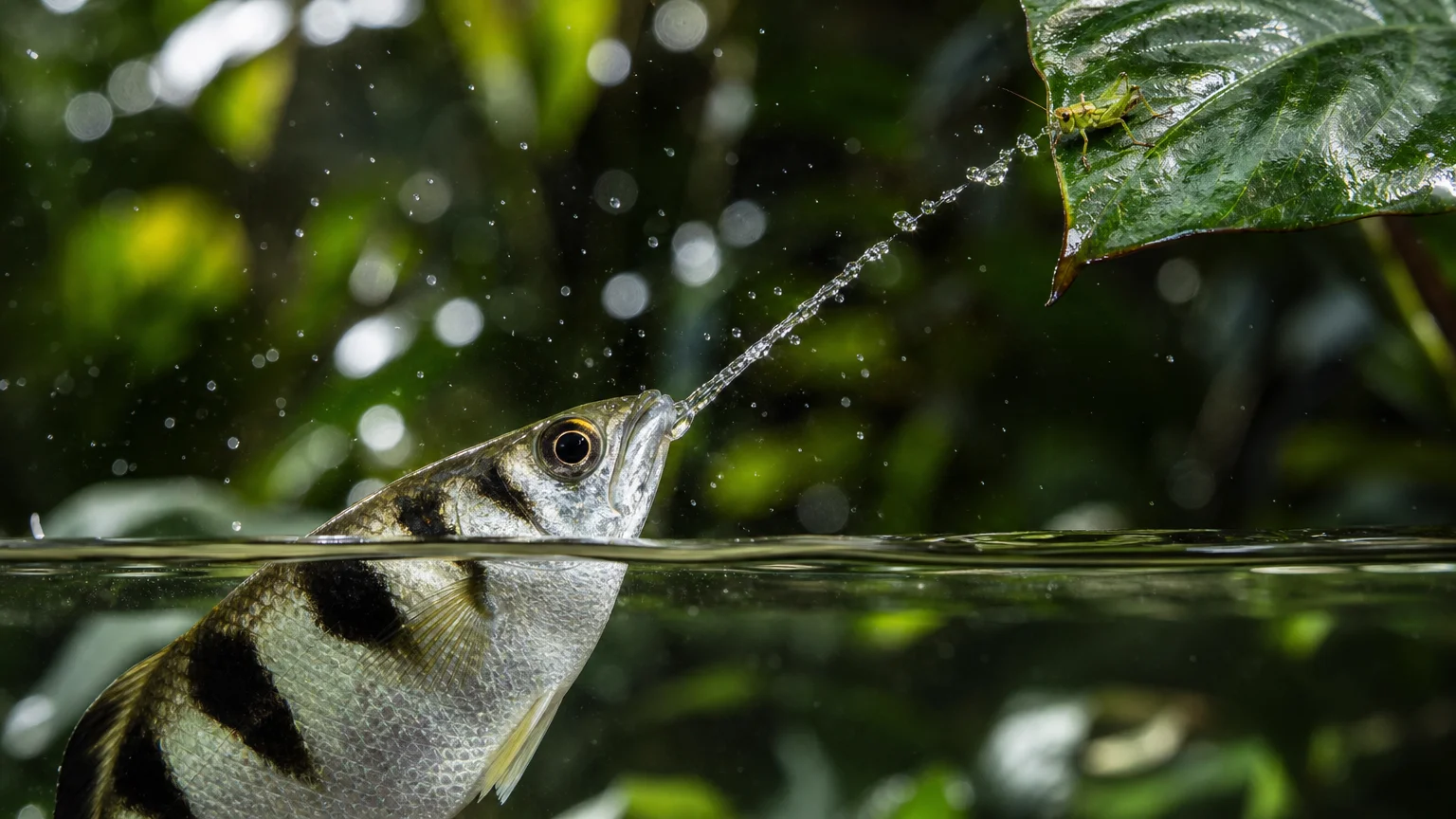Split-level photo of an archerfish shooting a sharp stream of water from its mouth at a cricket on a leaf above.