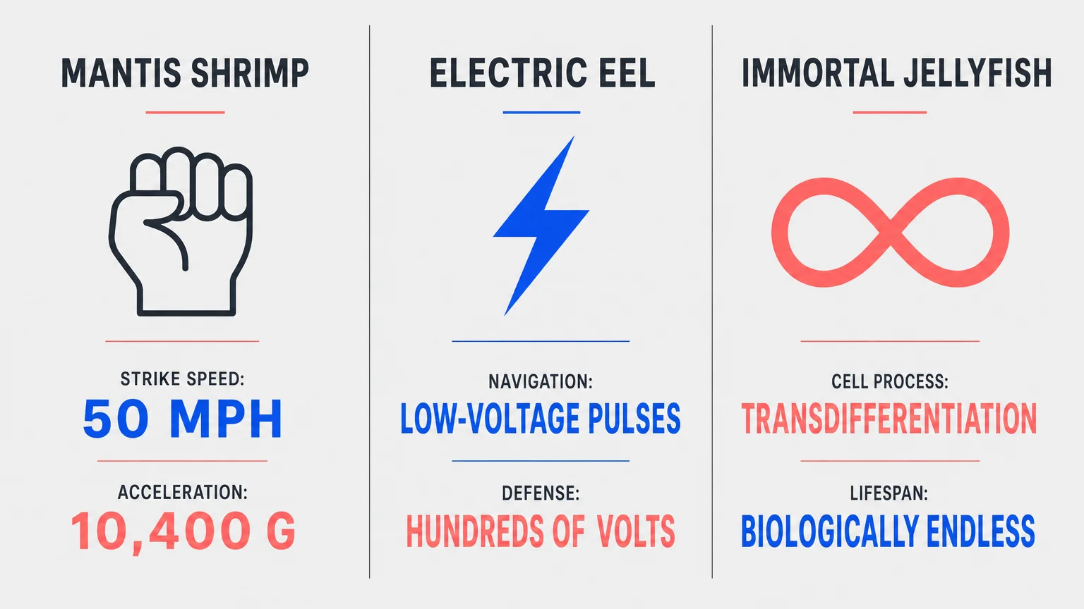 Three-column modern infographic comparing the stats of the mantis shrimp, electric eel, and immortal jellyfish.