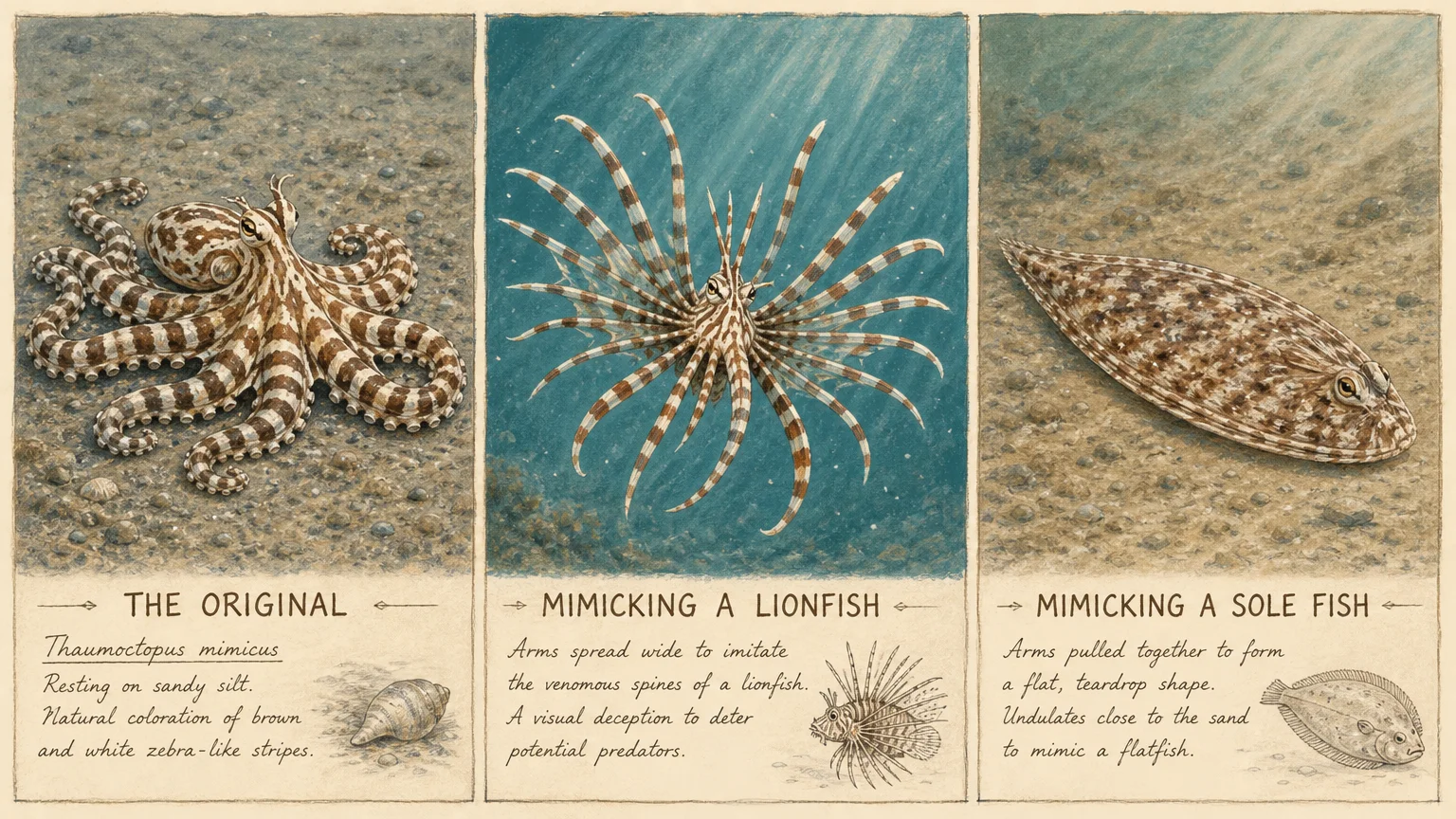 Three-panel illustration showing a mimic octopus in its natural striped form, mimicking a lionfish, and mimicking a flat sole fish.