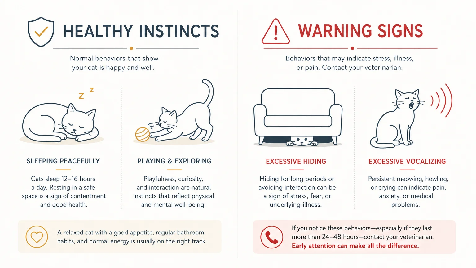Two-panel health diagram comparing normal cat behaviors to behavioral warning signs.