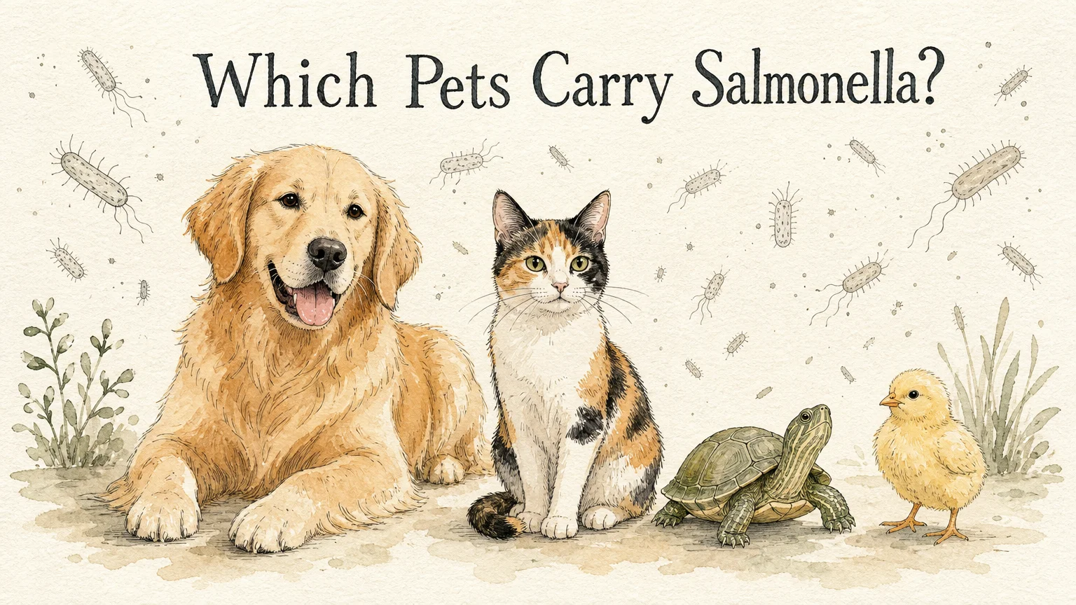 Watercolor and ink illustration of a dog, cat, turtle, and chick on a cream background with artistic bacteria symbols.