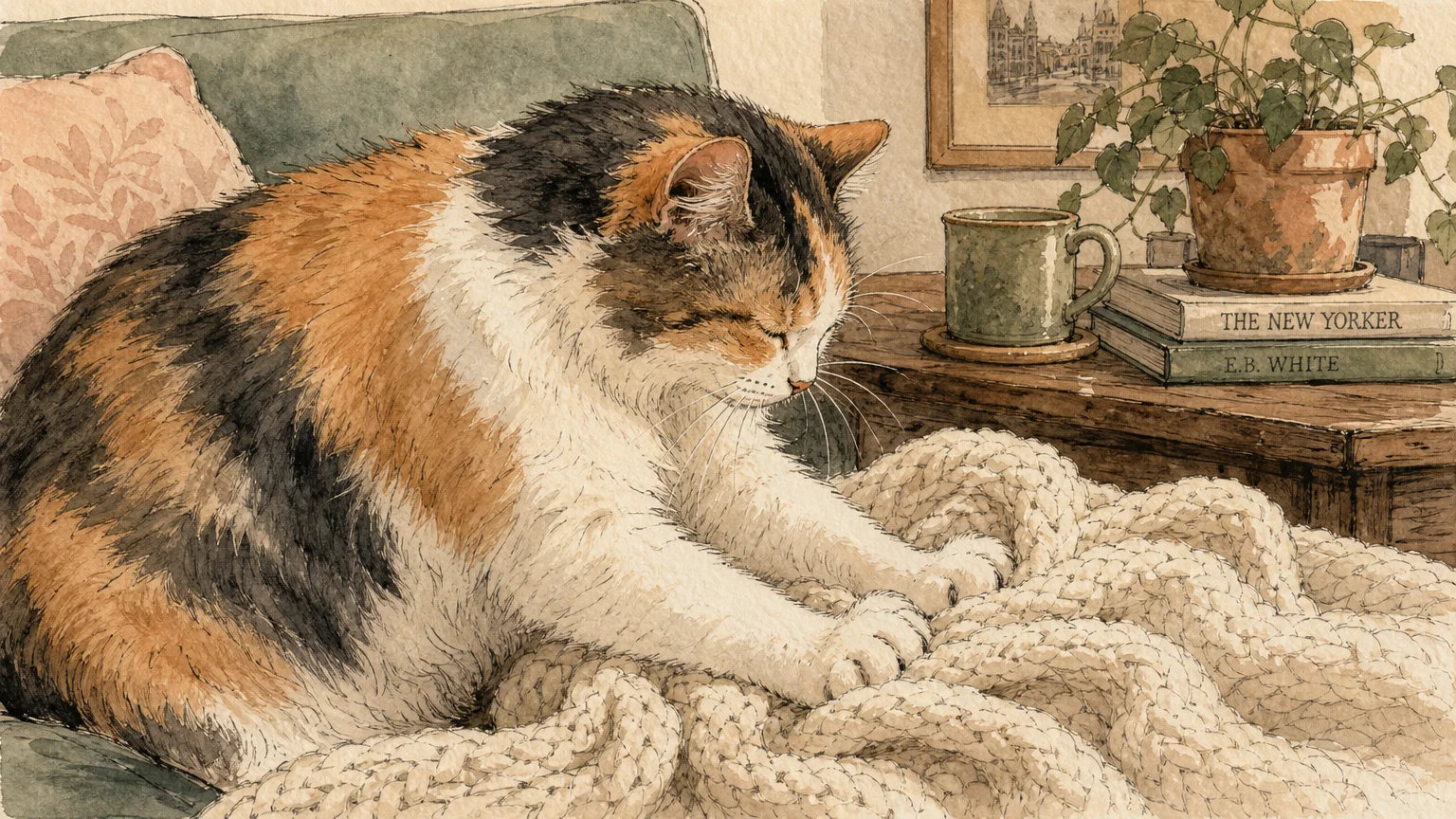 Watercolor illustration of a calico cat rhythmically kneading its paws into a soft knitted blanket.