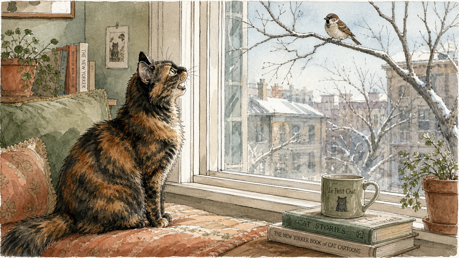 Watercolor illustration of a cat on a window bench looking out at a bird on a branch.