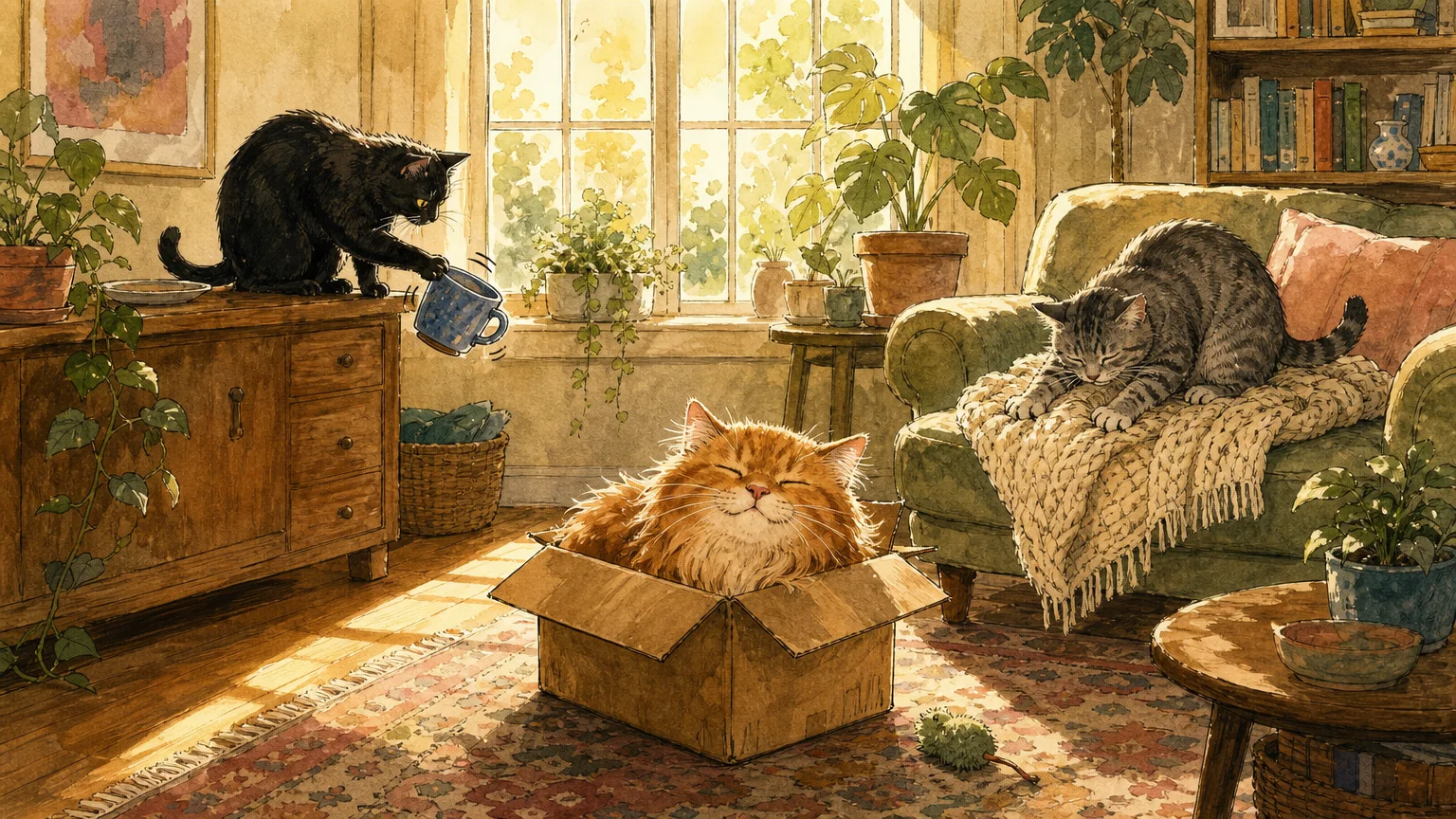 Watercolor illustration of a cozy living room with several cats sleeping in a box, kneading a blanket, and playing.