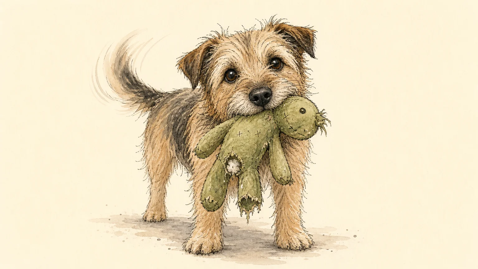 Watercolor illustration of a happy, scruffy terrier offering a tattered green plush toy as a gift.